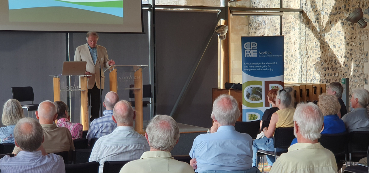 Tim O'Riordan addressing the audience at the CPRE Norfolk AGM