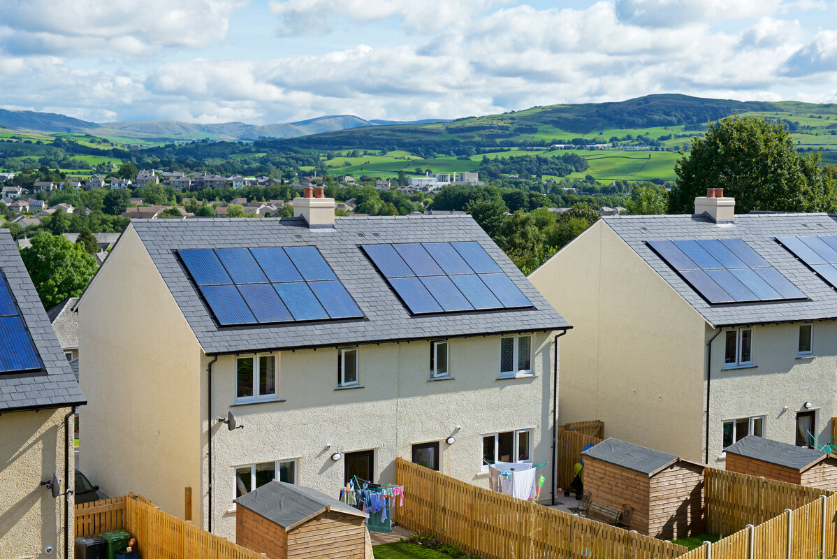 Solar panels on rooftops of new housing