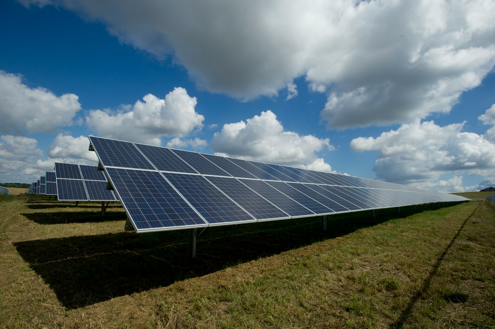 A huge expanse of solar panels on a green field